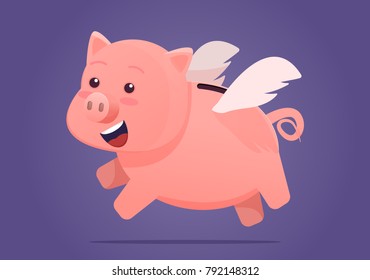 Piggy bank. Happy smiling Jumping or flying pig with wings. vector illustration. on Ultra Violet background.