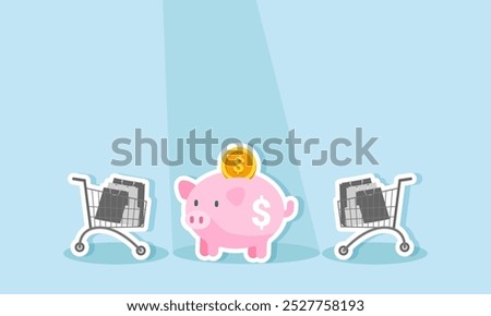 A piggy bank is highlighted by a spotlight while two trolleys remain in the shadows, illustrating a preference for investing rather than spending money on less important things.