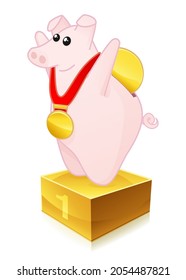 Piggy bank and his medal on his first place podium