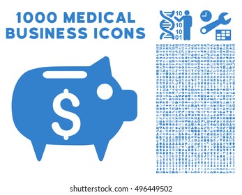 Piggy Bank icon with 1000 medical business cobalt vector design elements. Design style is flat symbols, white background.