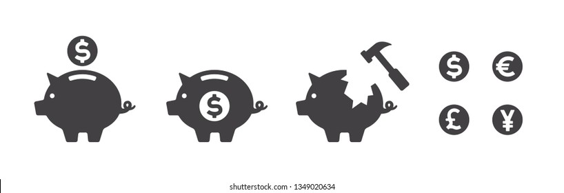 Piggy bank icon. Black silhouette isolated on white background. Save money. Make deposit. Dollar coin inside. Hammer breaking piggy bank. Dollar, euro, pound sterling, yen coins.