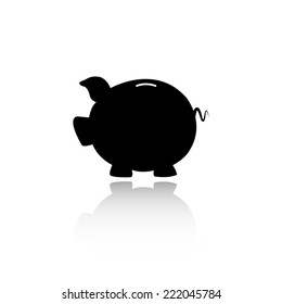 Piggy bank icon - black vector illustration with reflection