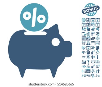 Piggy Bank icon with bonus calendar and time management clip art. Vector illustration style is flat iconic bicolor symbols, cyan and blue colors, white background.