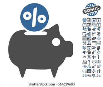 Piggy Bank icon with bonus calendar and time management icon set. Vector illustration style is flat iconic bicolor symbols, cobalt and gray colors, white background.