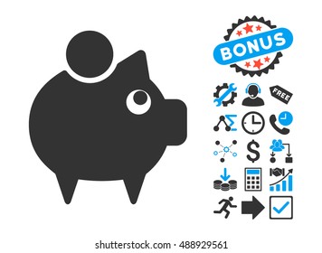 Piggy Bank icon with bonus elements. Vector illustration style is flat iconic bicolor symbols, blue and gray colors, white background.