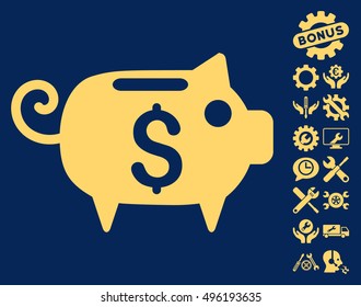 Piggy Bank icon with bonus tools clip art. Vector illustration style is flat iconic symbols, yellow color, blue background.