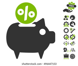 Piggy Bank icon with bonus tools pictures. Vector illustration style is flat iconic bicolor symbols, eco green and gray colors, white background.