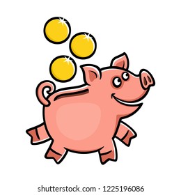 Piggy bank icon. Cheerful pink pig and three gold coins. Finance and Savings Theme. Vector illustration.