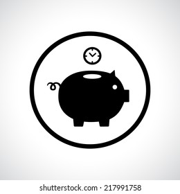 Piggy bank icon with a clock falling in. Round button. Time is money concept.