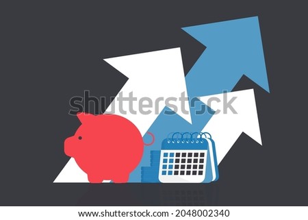 Piggy bank icon, coins, calendar and growth arrow graph and bars. Saving, investment in future or save money or open a bank deposit concept. Flat style objects. Copy space. Vector illustration.