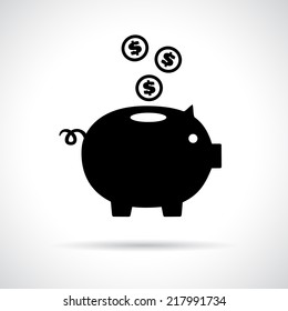Piggy bank icon with coins falling in. Saving money concept.