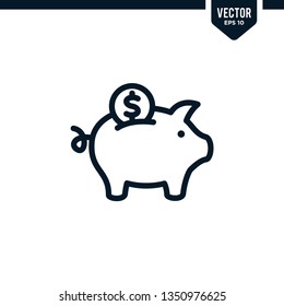 Piggy Bank icon collection in outlined or line art style, editable stroke vector