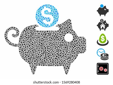 Piggy bank icon composition of ragged pieces in variable sizes and color tints, based on piggy bank icon. Vector unequal pieces are united into collage. Piggy bank icons collage with dotted pattern.