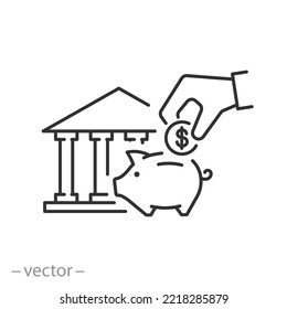 piggy bank icon, contribution financial, deposit saving, thin line symbol on white background - editable stroke vector illustration eps10