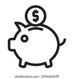 Piggy bank icon with dollar coin, savings and finance symbol, black and white vector illustration isolated on white background.