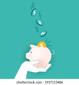 Piggy Bank Icon With Falling Coins Vector Illustration On A Turquoise Teal Background. Saving, Investment In Future Or Save Money Or Open A Bank Deposit Concept. Flat Style Objects.
