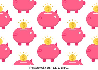 Piggy bank icon in flat style isolated on white background.  Seamless pattern stock vector illustration