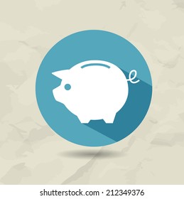 Piggy bank icon in flat style in a blue round with a shadow conceptual of start ups. Old paper background