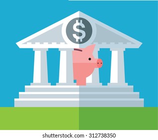 Piggy bank in bank icon. Flat vector business illustration