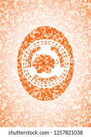 piggy bank icon inside abstract emblem, orange mosaic background