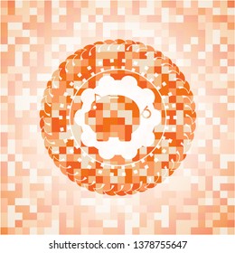 piggy bank icon inside abstract orange mosaic emblem