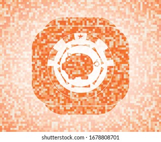 piggy bank icon inside abstract orange mosaic emblem