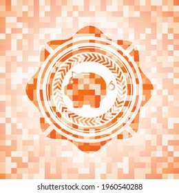 piggy bank icon inside abstract orange mosaic emblem. 