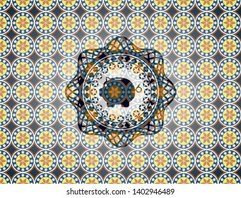 piggy bank icon inside arabic style badge. Arabesque decoration.