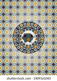 piggy bank icon inside arabic style emblem. Arabesque decoration.