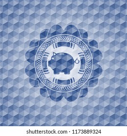 piggy bank icon inside blue emblem with geometric pattern background.