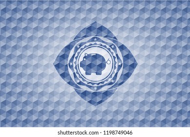 piggy bank icon inside blue emblem with geometric pattern.