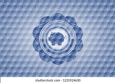 piggy bank icon inside blue emblem or badge with geometric pattern background.