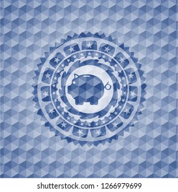 piggy bank icon inside blue emblem or badge with abstract geometric pattern background.