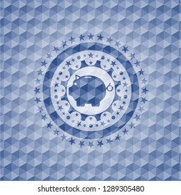 piggy bank icon inside blue emblem with geometric pattern.