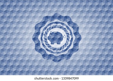 piggy bank icon inside blue emblem with geometric pattern.