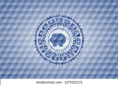 piggy bank icon inside blue polygonal emblem.