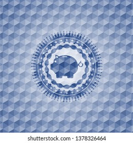 piggy bank icon inside blue emblem with geometric pattern background.
