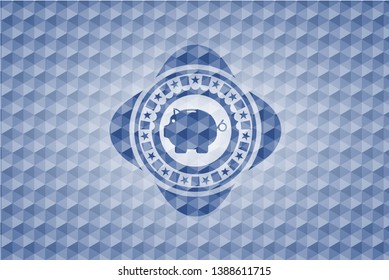 piggy bank icon inside blue badge with geometric pattern.