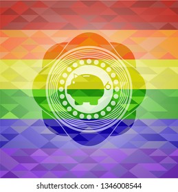 piggy bank icon inside emblem on mosaic background with the colors of the LGBT flag