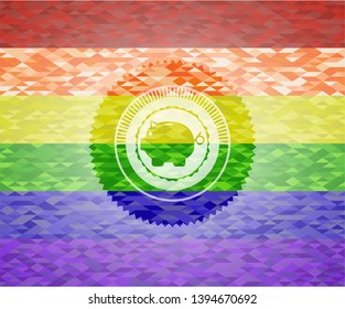 piggy bank icon inside emblem on mosaic background with the colors of the LGBT flag