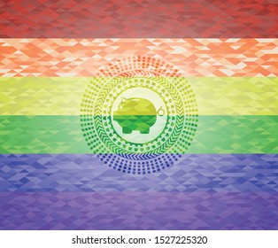 piggy bank icon inside emblem on mosaic background with the colors of the LGBT flag