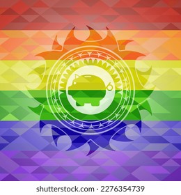 piggy bank icon inside emblem on mosaic background with the colors of the LGBT flag. 
