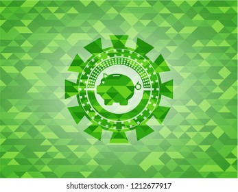 piggy bank icon inside green emblem with mosaic background