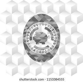 piggy bank icon inside grey badge with geometric cube white background