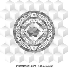 piggy bank icon inside grey emblem with cube white background