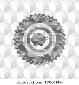 piggy bank icon inside grey emblem with cube white background