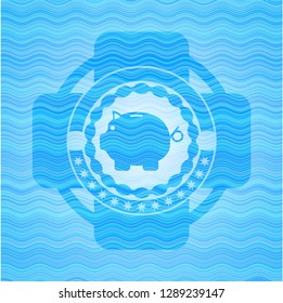 piggy bank icon inside light blue water style emblem.