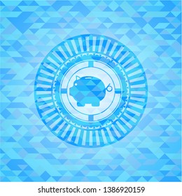 piggy bank icon inside light blue emblem with triangle mosaic background