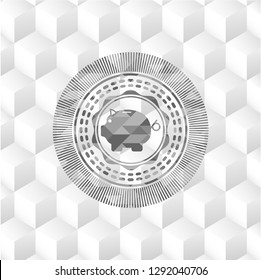 piggy bank icon inside realistic grey emblem with geometric cube white background