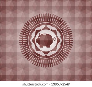 piggy bank icon inside red emblem with geometric pattern background. Seamless.